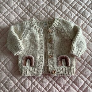 Hugalugs Sz 12-18 mos Cream Knit Baby Cardigan with Rainbow Pockets